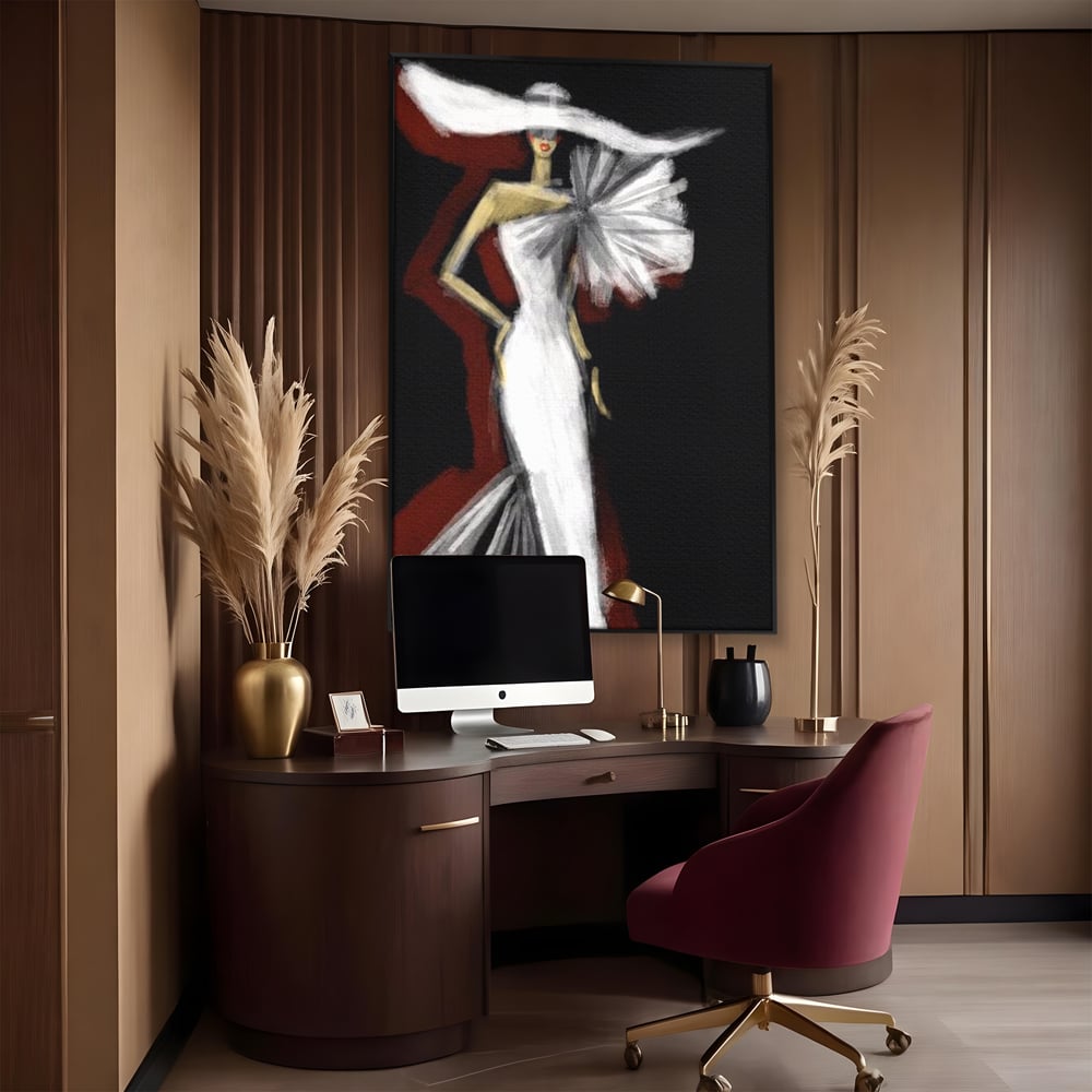 Tablou canvas cu ilustratie cu manechin in rochie alba, in rama de aluminiu negru, pe perete intr-un birou